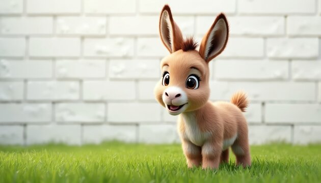 Cute cartoon baby donkey stands on green grass. White brick wall backdrop. Small fluffy foal looks happy. Adorable equine mammal domestic animal portrait.