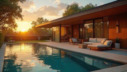 Fototapeta premium Mid century modern house with pool at sunset. Patio furniture sits by calm water reflecting golden hour light. Serene backyard scene, exterior view, luxury home.