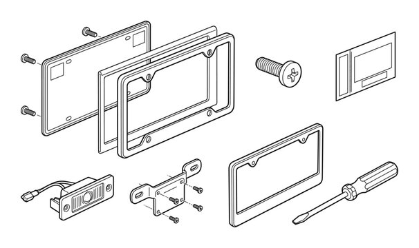 License plate frames and mounting hardware set line vector illustration isolated on background