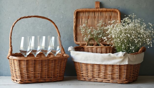Two wicker baskets hold wine glasses and white flowers. One basket lid is open. Rustic decor with grey wall background. Ready for picnic outing or celebration.