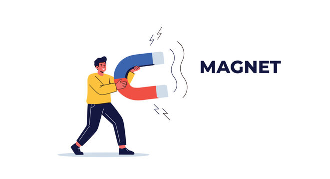 Strong man in a yellow sweater pulls a giant horseshoe magnet to attract success, wealth, and positive results in his business career.