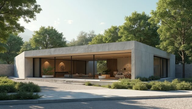 Modern concrete house with large glass windows and minimalist design. Sustainable architecture, energy efficient home, future dwelling, eco friendly construction, prefab modular building.