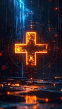 Glowing cross symbol surrounded by digital code and a neon halo