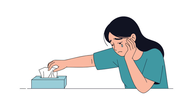 Sad young woman crying and reaching for a tissue from a blue box while leaning on a table in a simple, expressive illustration style.