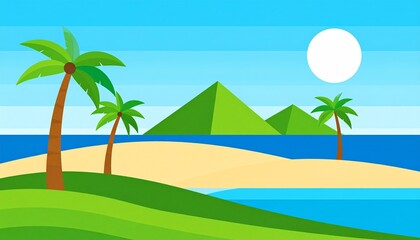 Fototapeta premium Minimalist flat design tropical beach landscape with palm trees and sun