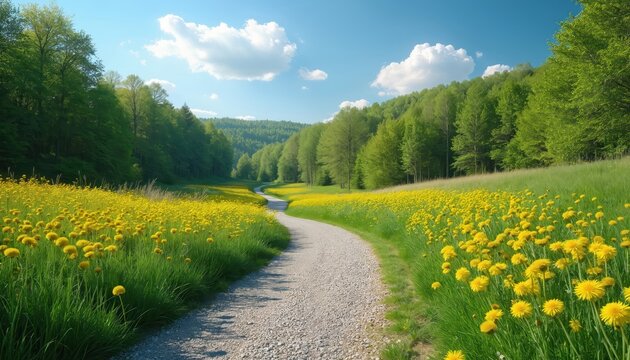 Winding gravel path through meadow of yellow wildflowers and green grass. Tall trees border the landscape under a bright blue sky with fluffy clouds.