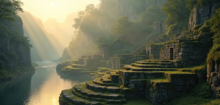 Misty morning sunrays shine on ancient mossy stone terraces by a calm river. Overgrown masonry with doorways sits beside rich green banks and steep cliffs. Water reflects the serene golden light.