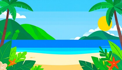 Obraz premium Tropical Beach Landscape Illustration with Palm Trees Mountains and Ocean