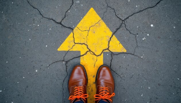 Brown leather shoes with bright orange laces stand on cracked asphalt marked with yellow arrow pointing upward, indicating progress. Footwear signifies journey choice ahead, with bold direction