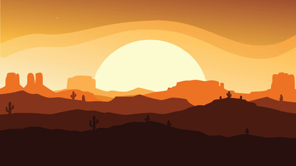 Desert landscape with a large setting sun and silhouetted cacti © PUNNABEGUM