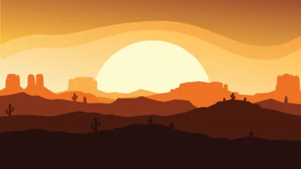 Fotobehang Bruin Desert landscape with a large setting sun and silhouetted cacti  © PUNNABEGUM