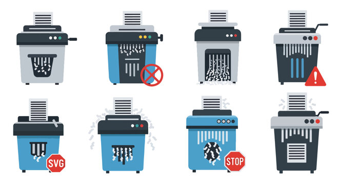 Various paper shredder icons with warning signs on colorful backgrounds