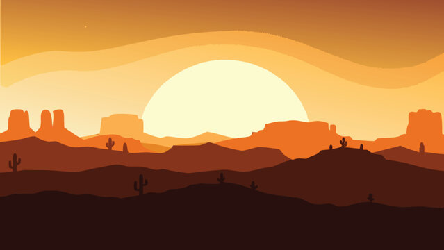 Desert landscape with a large setting sun and silhouetted cacti
