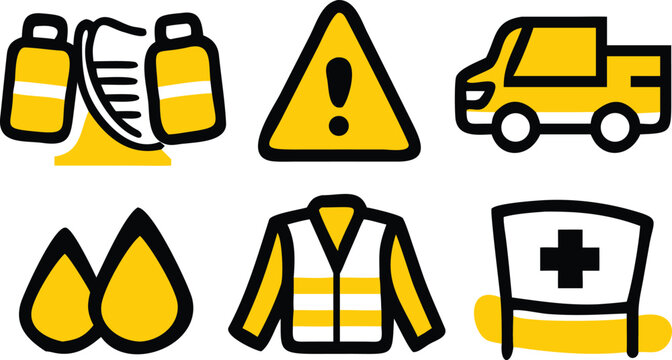 Industrial and safety related icons set. hazardous materials warning and worker equipment