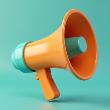 Orange and teal cartoon megaphone icon stands against a turquoise background. This 3D rendered symbol represents communication and making an announcement. It is ideal for marketing and alert graphics.