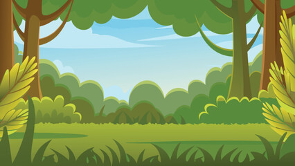 Lush green jungle scene with vibrant foliage and a bright sky © PUNNABEGUM