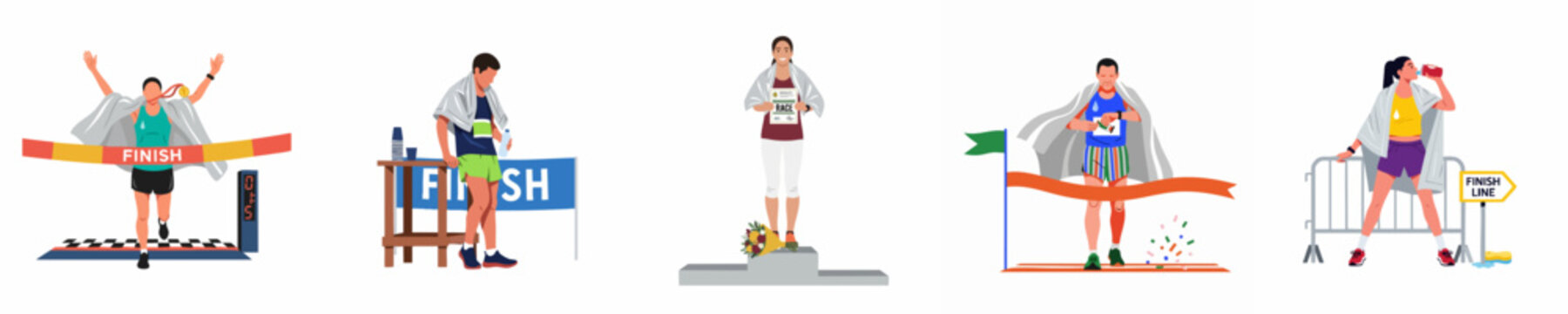 Flat illustration set of diverse runners at a race finish line, including a winner on a podium, exhausted athletes, and successful marathon finishers.