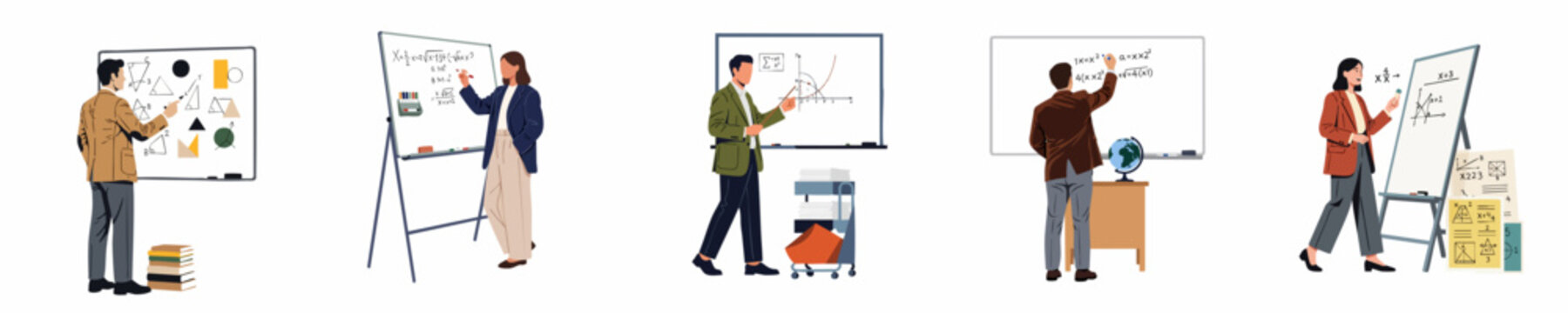 Set of illustrations featuring diverse teachers and professors writing mathematical formulas and geometric shapes on whiteboards in a classroom setting.