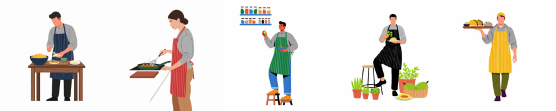 Set of diverse people in aprons cooking, preparing tacos, and serving fresh food in a kitchen, flat vector illustration style.