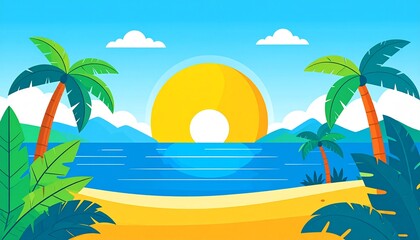Obraz premium Tropical Beach Landscape Illustration with Palm Trees and Sunrise