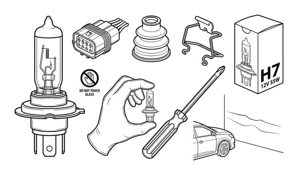 Set of car headlight bulb vector line icons, editable stroke, car maintenance