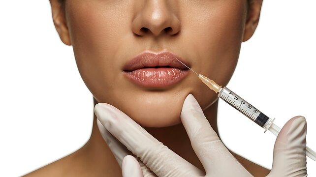 Cosmetic lip injection procedure with syringe and professional gloves for aesthetic beauty treatment