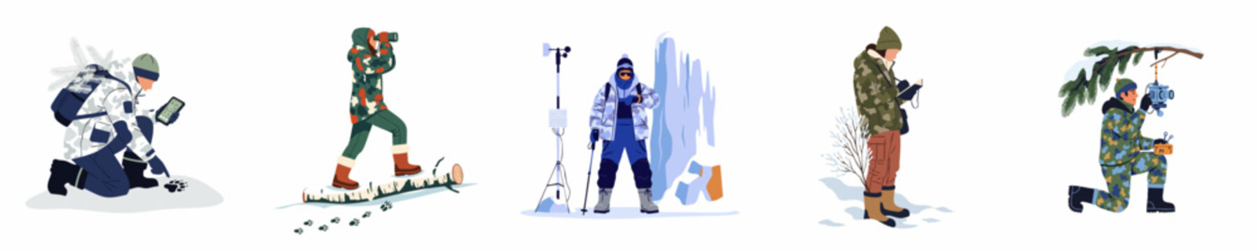 Diverse researchers in winter camouflage tracking wildlife, monitoring weather, and using technology for scientific study in snowy environments.