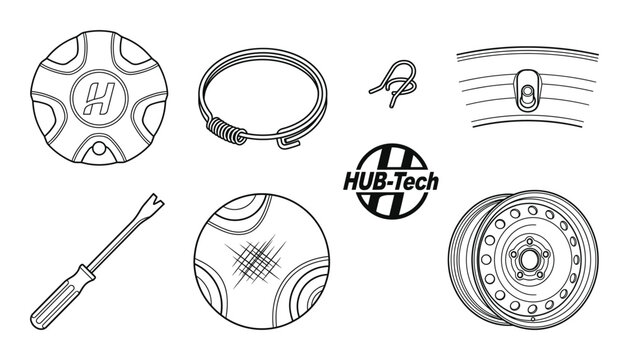 Set of car wheel hubcaps, weights, wrench, and tools line art vector illustration