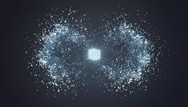 Massive cloud of chaotic data particles gradually compressing into a small dense glowing cube, then expanding back outward, smooth reversible motion, seamless loop, blue and white tones