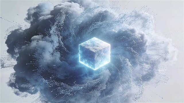 Massive cloud of chaotic data particles gradually compressing into a small dense glowing cube, then expanding back outward, smooth reversible motion, seamless loop, blue and white tones