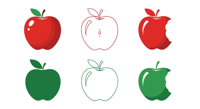 Collection of red and green apple icons including whole fruits, bitten versions, and simple outlines are arranged on a white background.