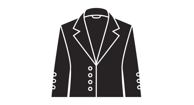 Elegant black blazer jacket for women or men is shown as a flat vector icon with white outlines and button details for fashion retail design.