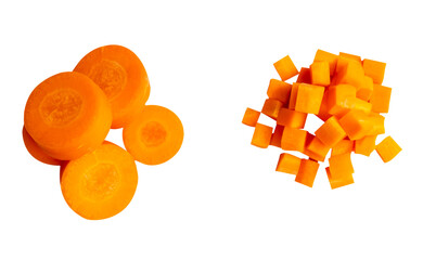 Top view set of orange carrot slices in cube and circle shapes in stack isolated with clipping path...