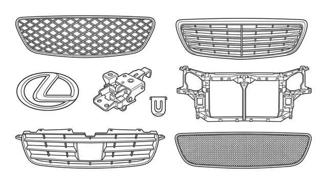 Vehicle front grille assembly and radiator support frame isometric line drawings with emblem badge