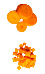 Top view set of orange carrot slices in cube and circle shapes in stack isolated with clipping path...