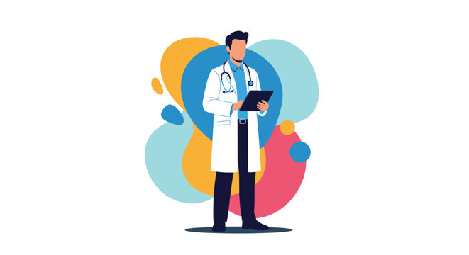 Professional male doctor in a white coat with a stethoscope around his neck uses a digital tablet against a colorful abstract background.