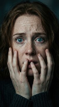 A frightened woman with her hands on her face, conveying a sense of shock and fear
