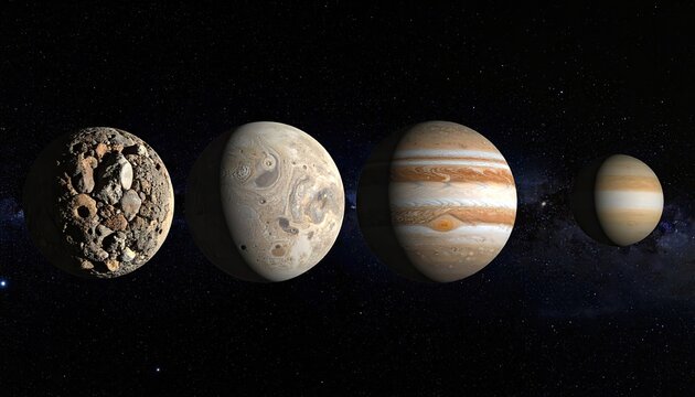 Jovian moons and gas giant in a row against a starry background