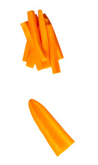 Top view set of orange carrot slices in stick shapes in stack isolated with clipping path in png...