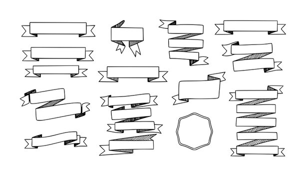 Simple hand drawn banner ribbons in black and white minimal sketch style editable vector set