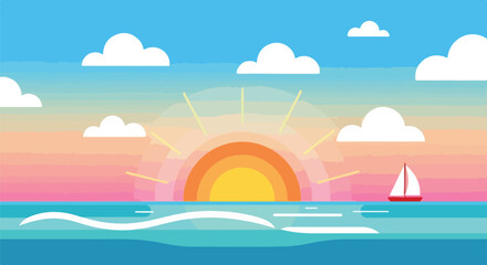 A cartoon-style illustration of a sunset over the ocean with a sailboat © Itachi