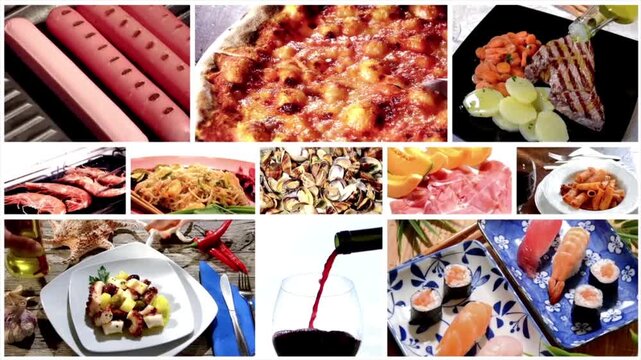 Delicious international cuisine collage featuring pizza sushi seafood pasta steak wine and fresh ingredients vibrant food concept for restaurant menu and culinary background