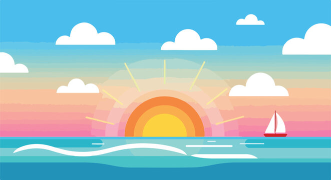 A cartoon-style illustration of a sunset over the ocean with a sailboat