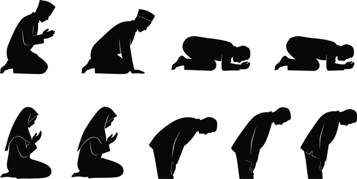 Collection of Muslim prayer silhouettes showing different salah positions, Islamic worship set isolated for religious design, culture, and spiritual illustration use