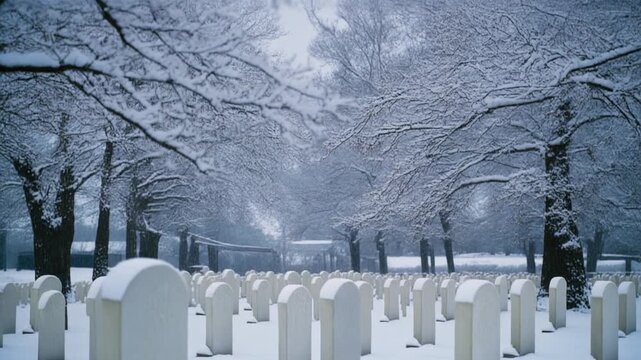 Somber rows of military headstones in a snowy winter cemetery