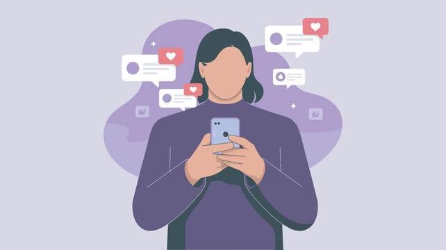 A woman engrossed in her smartphone with social media notifications surrounding her.
