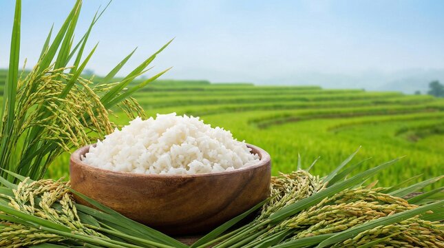 Wooden bowl of steaming rice on rustic table, lush green fields behind, farmers working at sunset, symbolizing connection between food, labor, and nature&rsquo;s abundance.