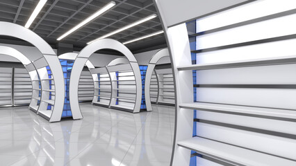 Modern retail store interior with empty shelves and rows of curved design gondola shelving and arched banners. 3d illustration © Wire_man