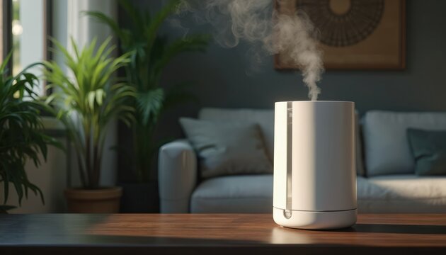 Modern white humidifier produces steam in cozy living room. Device sits on table near green houseplants. Home interior air moistening for comfort and health.