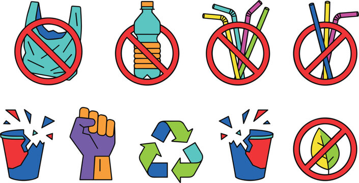 Say no plastic vector icon set with prohibition symbols recycling elements eco friendly awareness collection isolated